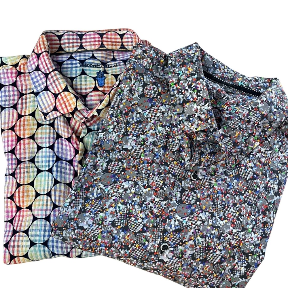 (Lot of 2) Visconti Black Mens XL Shirts Multi Color Polka Dot Floral Splatter